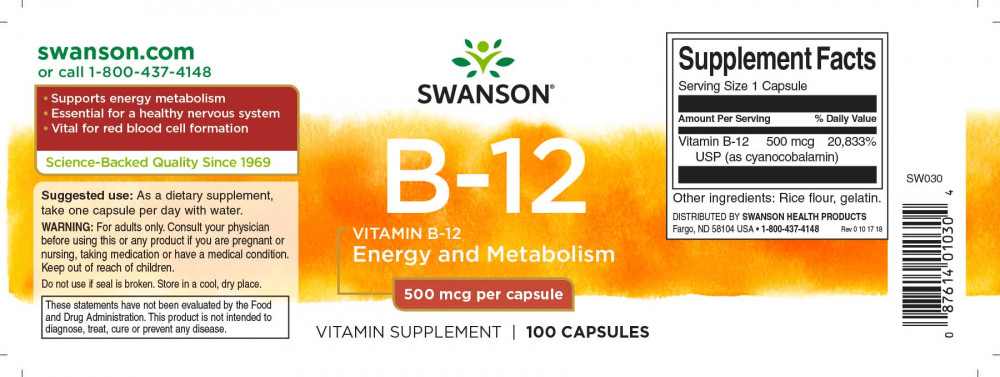 Swanson B12 vitamin 500mcg 100 kapszula Kobalamin - Image 2