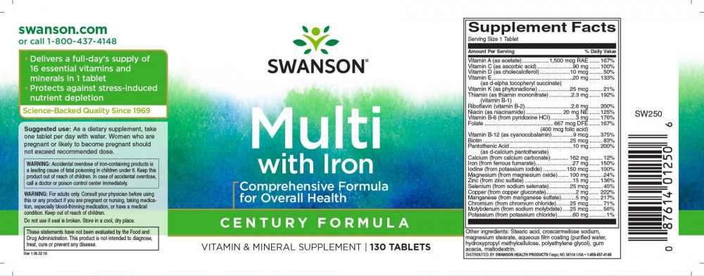 Swanson Just One Complete Multi with Iron (Multivitamin vassal) 130db tabl. - Image 2