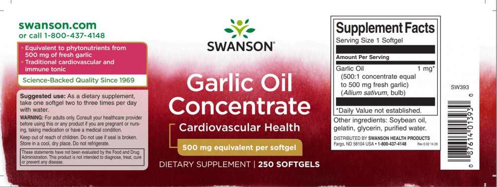 Swanson Garlic Oil Cocentrate (Fokhagyma olaj koncentrátum) 500mg 250 kapszula - Image 2