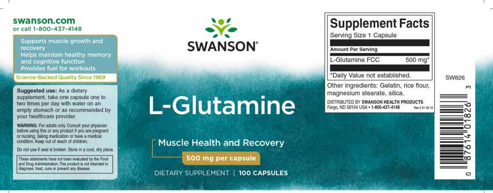Swanson L-Glutamine 500mg 100 kapszula - Image 2