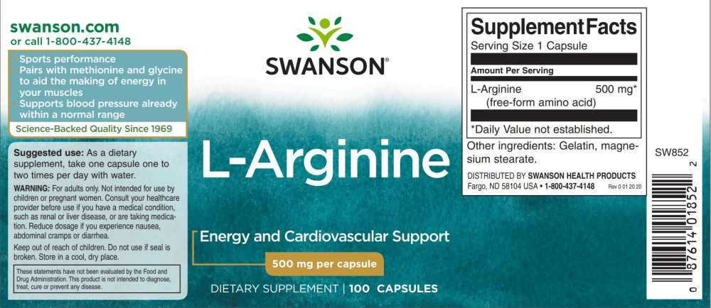 Swanson L-Arginine 500mg 100 kapszula - Image 2