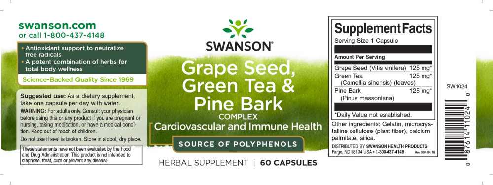 Swanson Grape Seed, Green Tea&Pine Bark (Szőlőmag, zöld tea+fenyőkéreg) 60 kapsz - Image 2