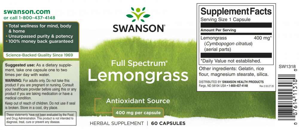 Swanson Lemongrass (Citromfű) 400mg 60 kapszula - Image 2