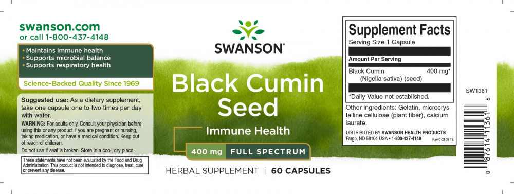 Swanson Black Cumin Seed (Feketekömény mag) 400mg 60 kapszula - Image 2