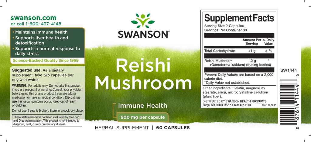 Swanson Reishi (Ganoderna) gomba 600mg 60 kapszula - Image 2