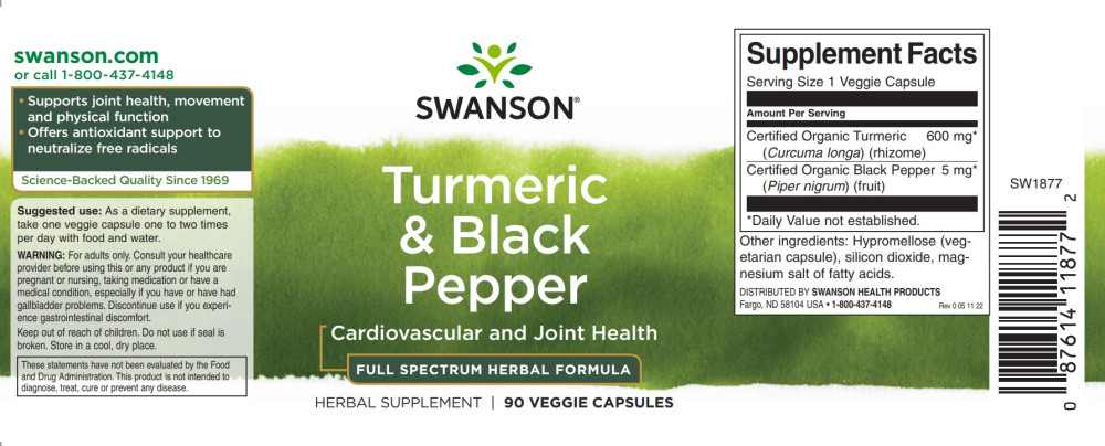 Swanson Turmeric&Black Pepper (Kurkuma+ feketebors) 90 növényi kapszula - Image 2