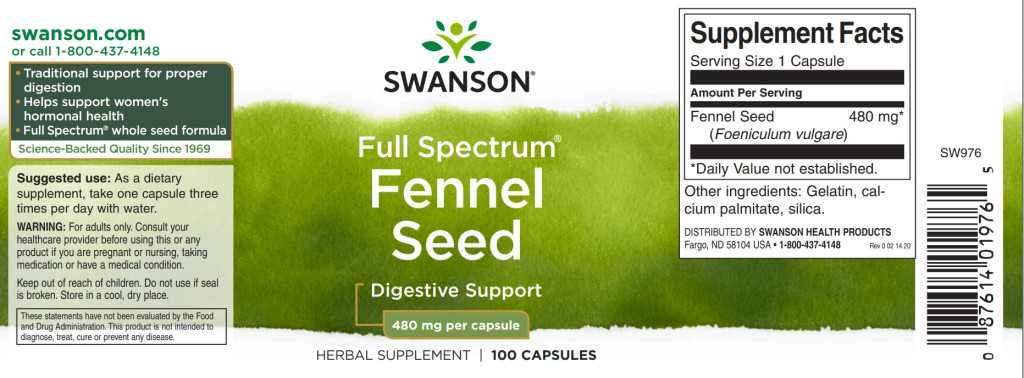 Swanson Fennel Seed 480mg 100 kapszula (Édeskömény mag őrlemény) - Image 2