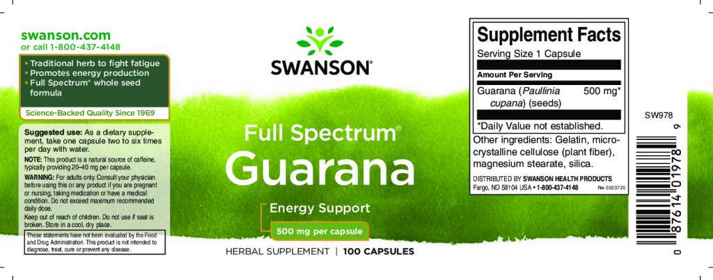 Swanson Guarana 500 mg 100 kapszula - Image 2