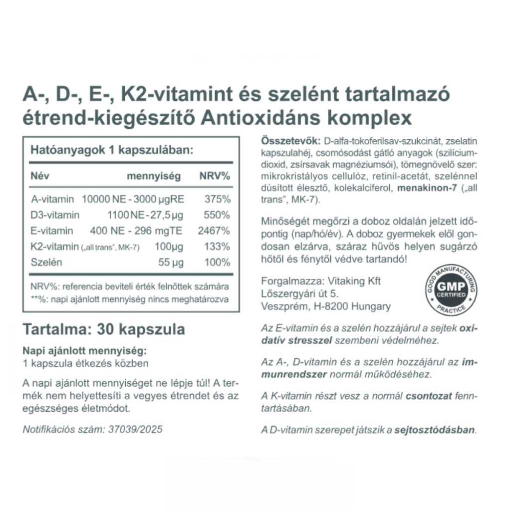 Vitaking Antioxidáns komplex – A+D+E+K2+ szelén (30) kapszula - Image 2