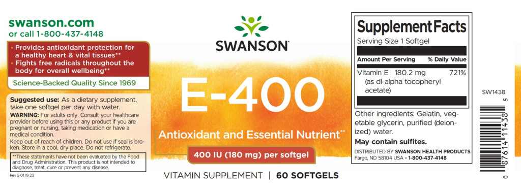 Swanson E-400 vitamin 180mg 60 kapszula d-alfa-tokoferol-acetát - Image 2