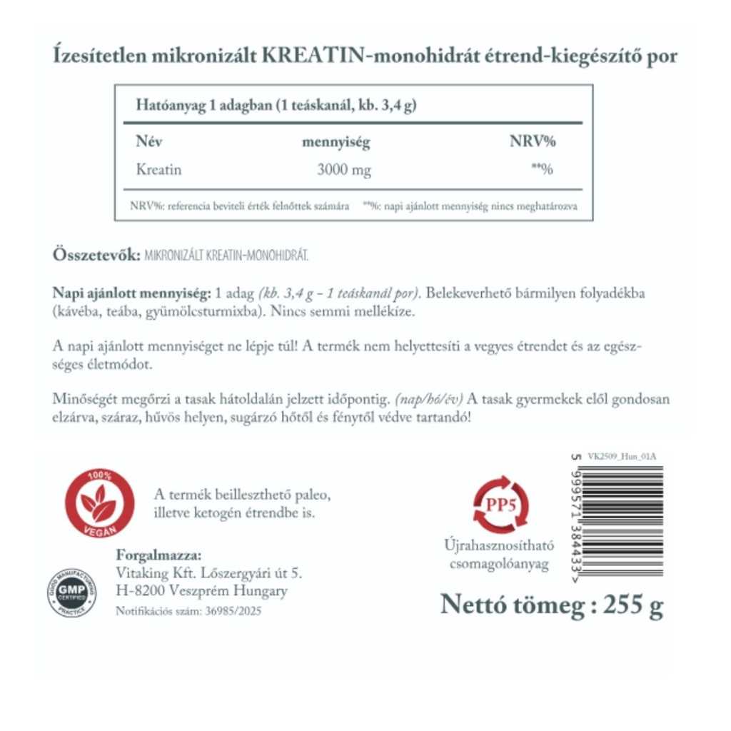 Vitaking 100% Kreatin monohidrát (natúr, mikronizált) 255g doypack - Image 2